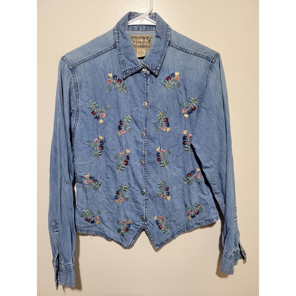 Tantrum Blues Floral Embroidered Denim Shirt Women Small‎ Light Blue Boho